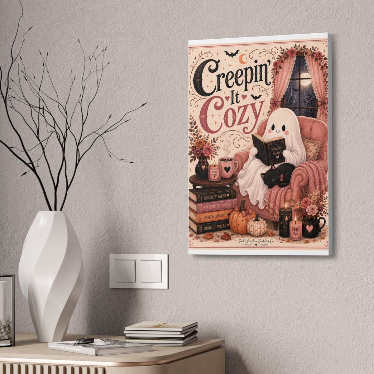 Creepin’ It Cozy Halloween Canvas | Cute Ghost Reading Nook Wall Art Canvas Stretched, 1.5''