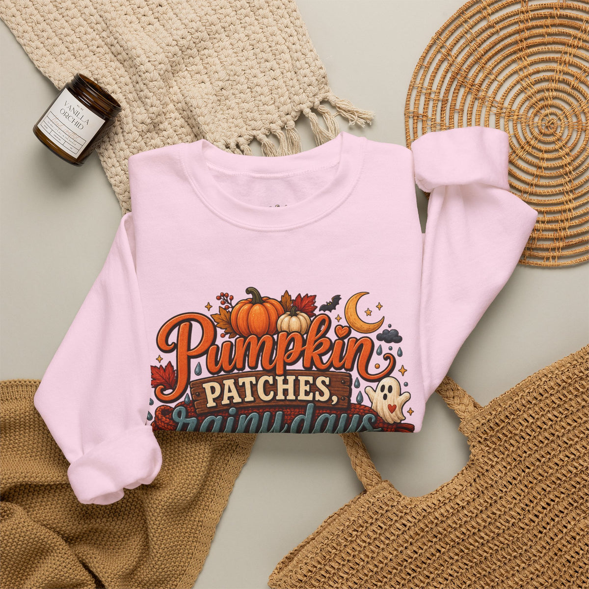 Pumpkin Patches Rainy Days Cozy Sweaters Shirt | Spooky Little Things Fall Tee | Autumn Sleeve Design Sweatshirt | Cute Ghost Fall Shirt