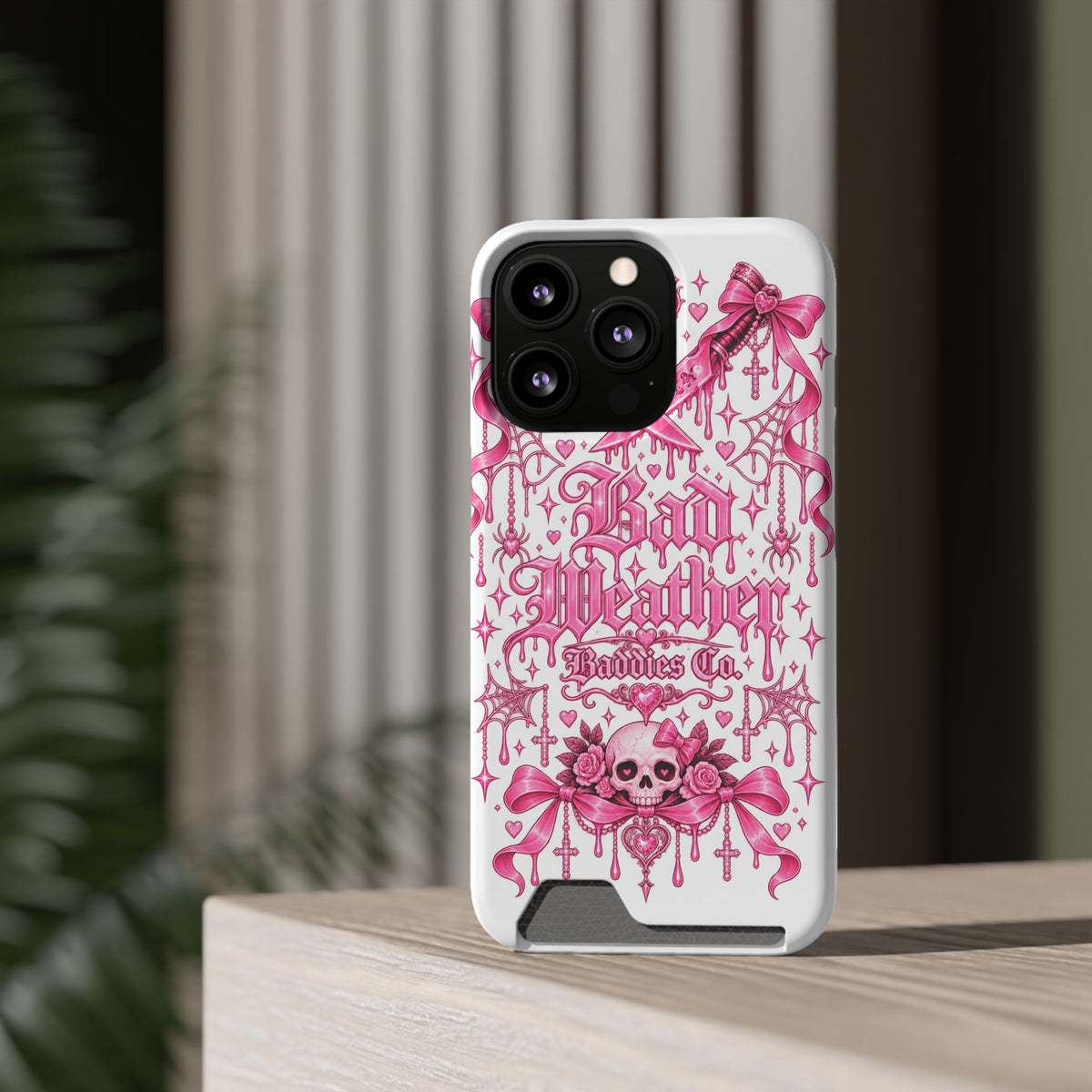 Pink Gothic Coquette Phone Case With Built In Card Holder For Cards