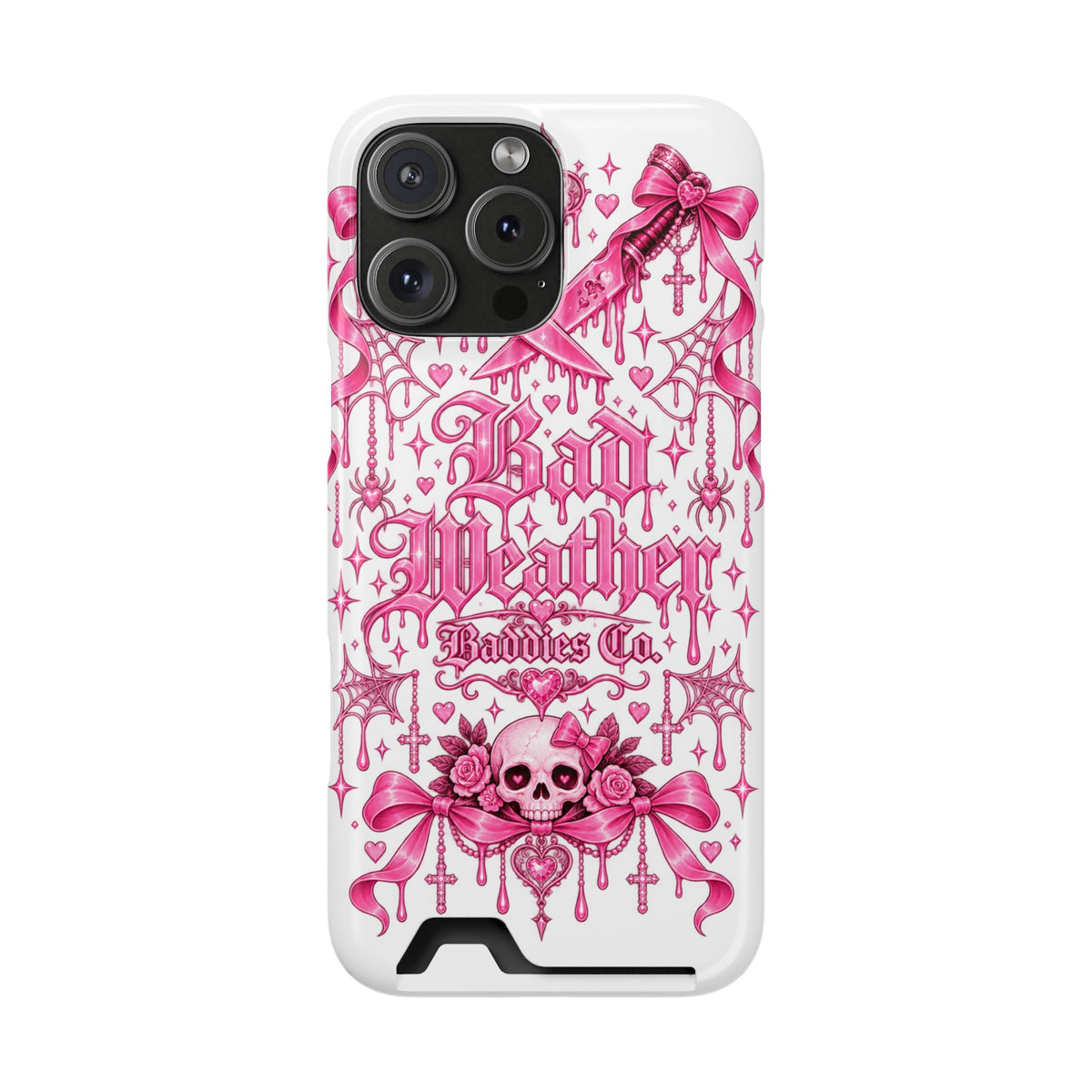 Pink Gothic Coquette Phone Case With Built In Card Holder For Cards