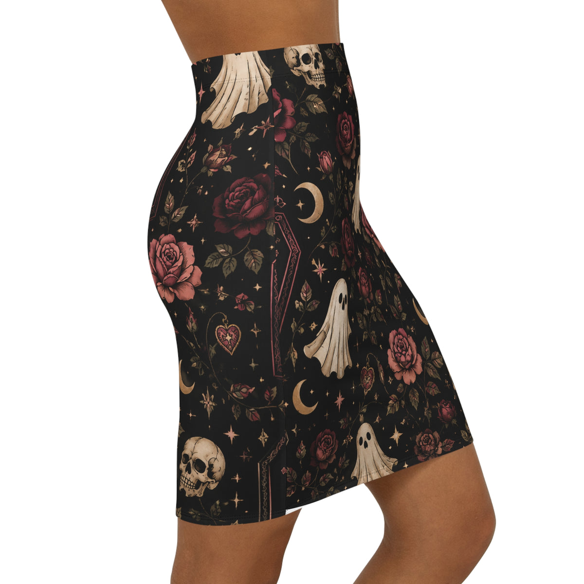 Gothic Coffin & Floral Mid-Waist Pencil Skirt | Black