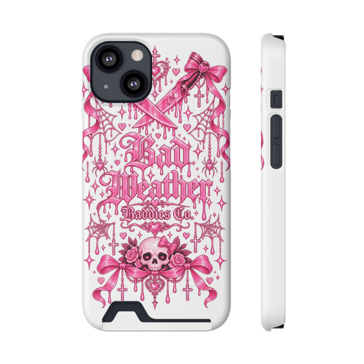 Pink Gothic Coquette Phone Case With Built In Card Holder For Cards