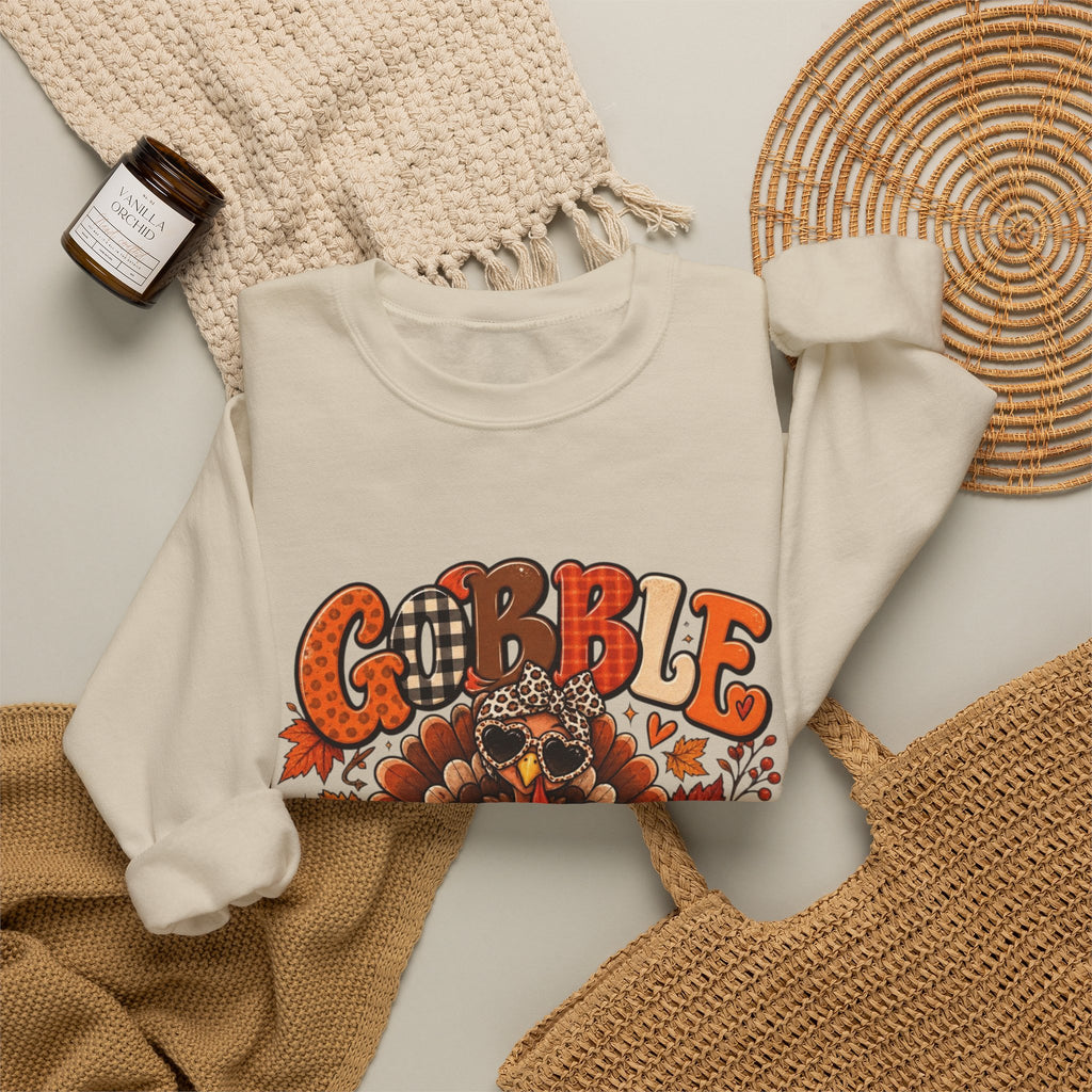 Gobble Till You Wobble Thanksgiving Turkey Crewneck Sweatshirt With Fall Leaves
