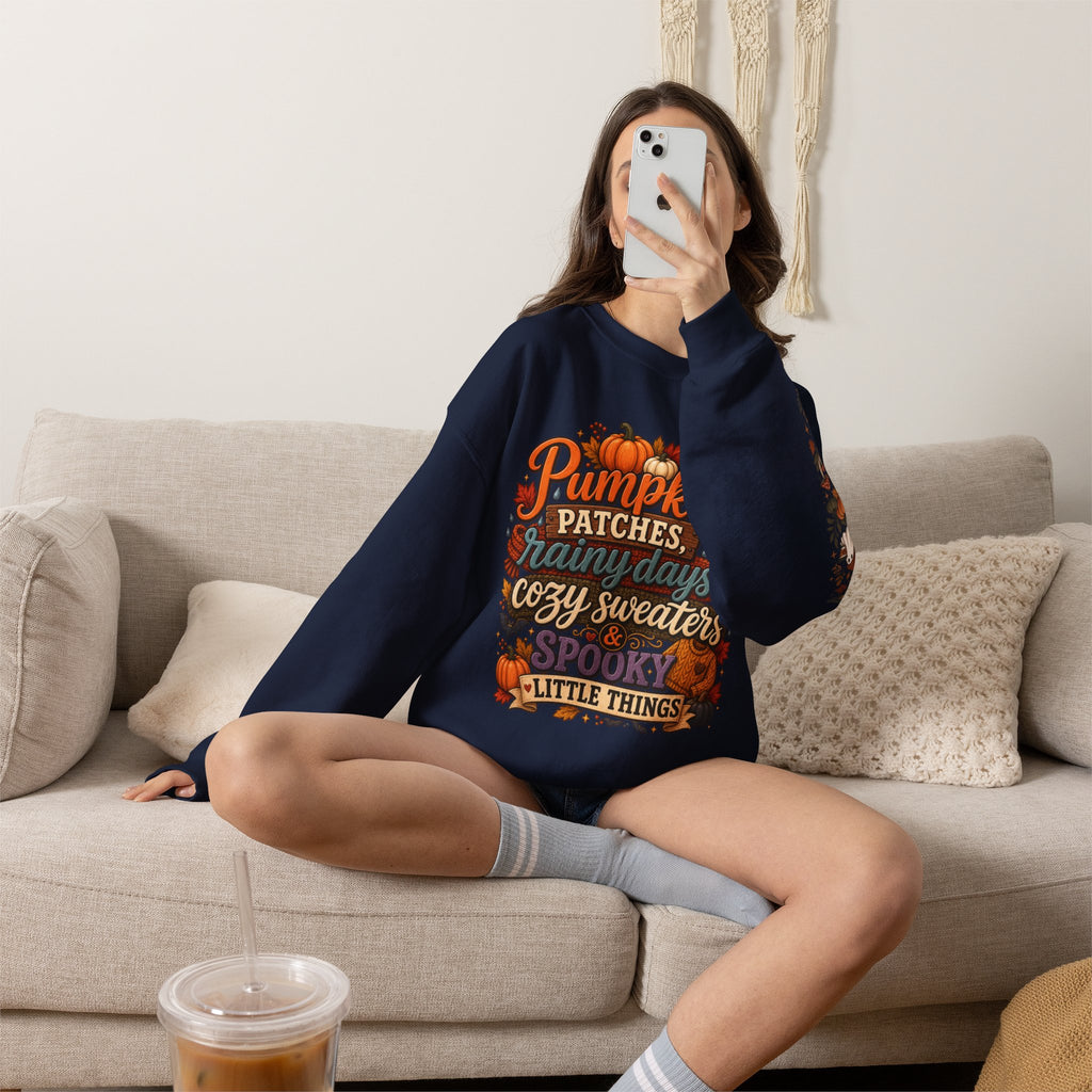 Pumpkin Patches Rainy Days Cozy Sweaters Shirt | Spooky Little Things Fall Tee | Autumn Sleeve Design Sweatshirt | Cute Ghost Fall Shirt