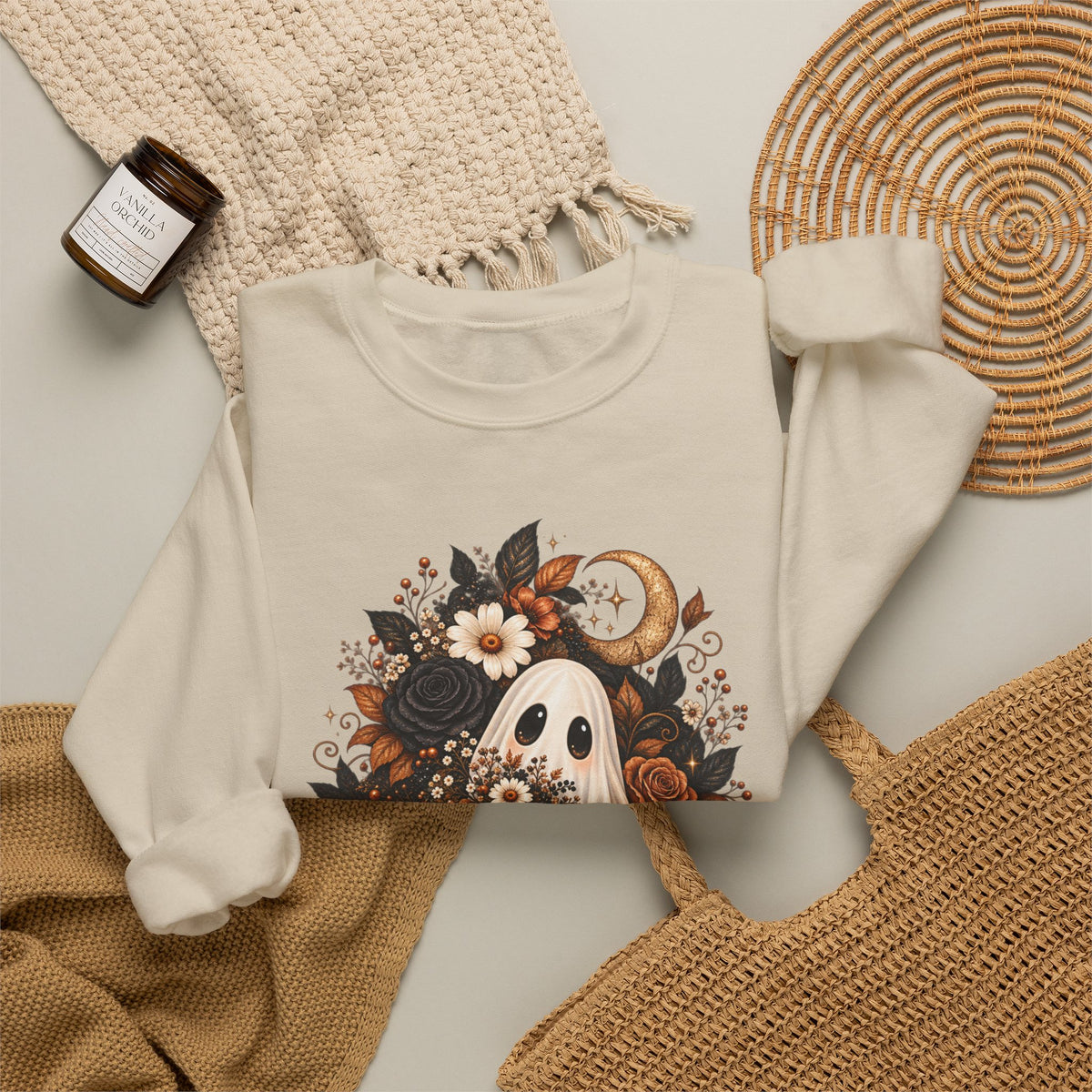Unisex Autumn Ghost Floral Crewneck Sweatshirt With Spooky Fall Art