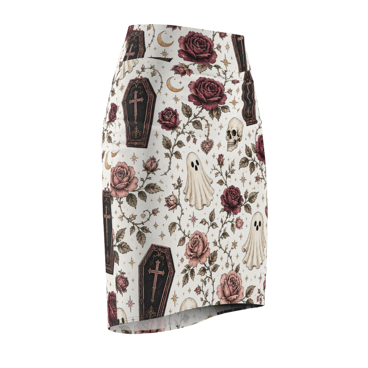 Gothic Coffin & Floral Pencil Skirt | White