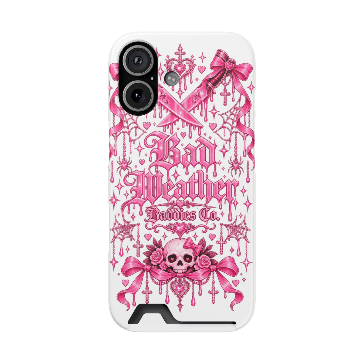 Pink Gothic Coquette Phone Case With Built In Card Holder For Cards