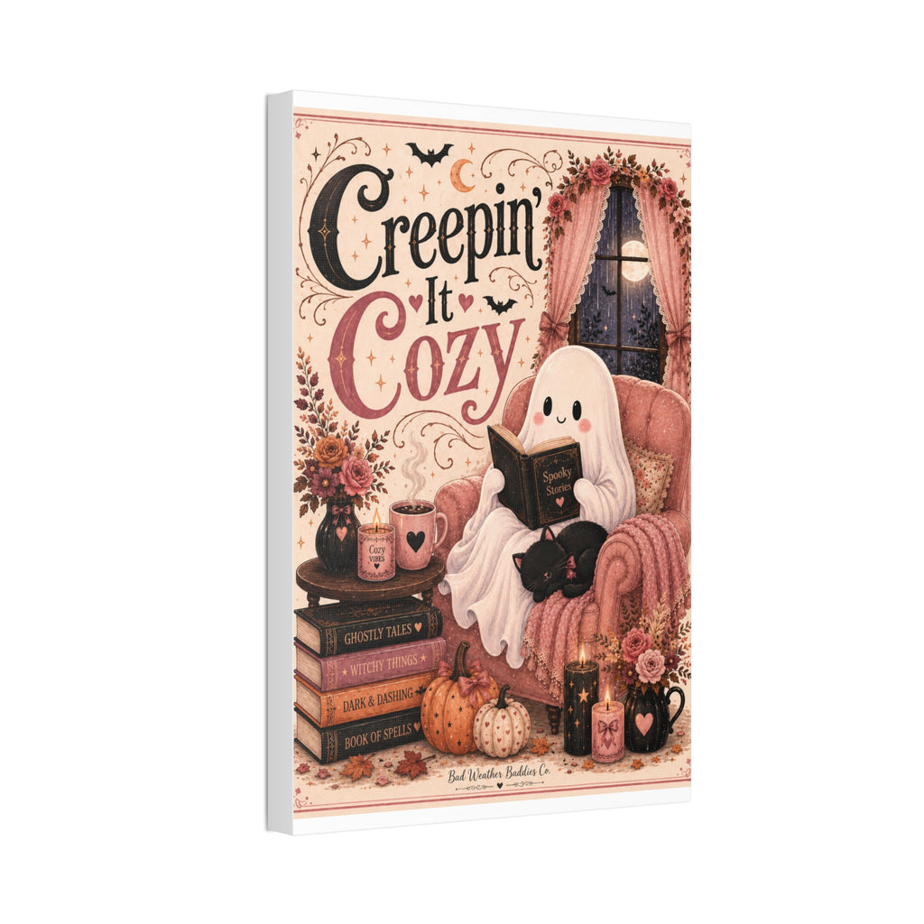 Creepin’ It Cozy Halloween Canvas | Cute Ghost Reading Nook Wall Art Canvas Stretched, 1.5''