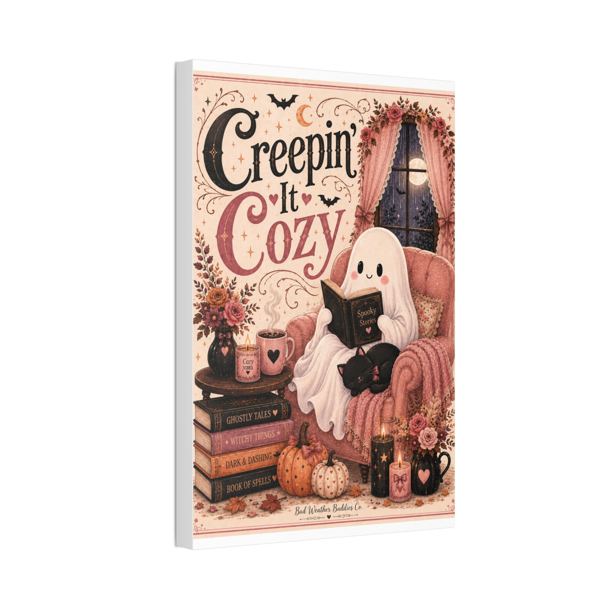 Creepin’ It Cozy Halloween Canvas | Cute Ghost Reading Nook Wall Art Canvas Stretched, 1.5''