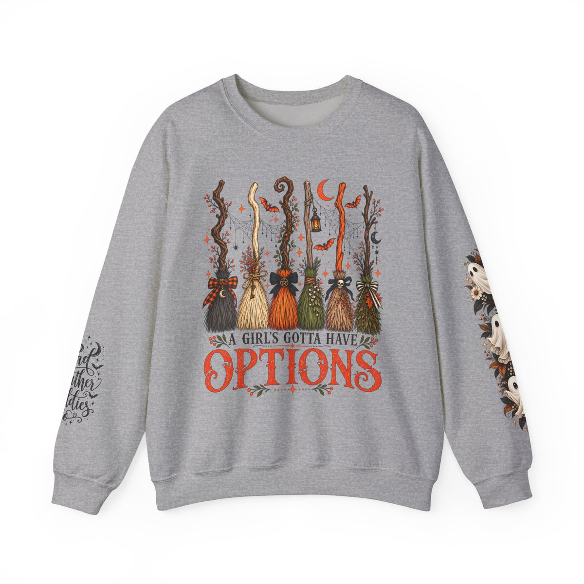 A Girl Gotta Have Options Witchy Halloween Broom Print Crewneck Sweatshirt