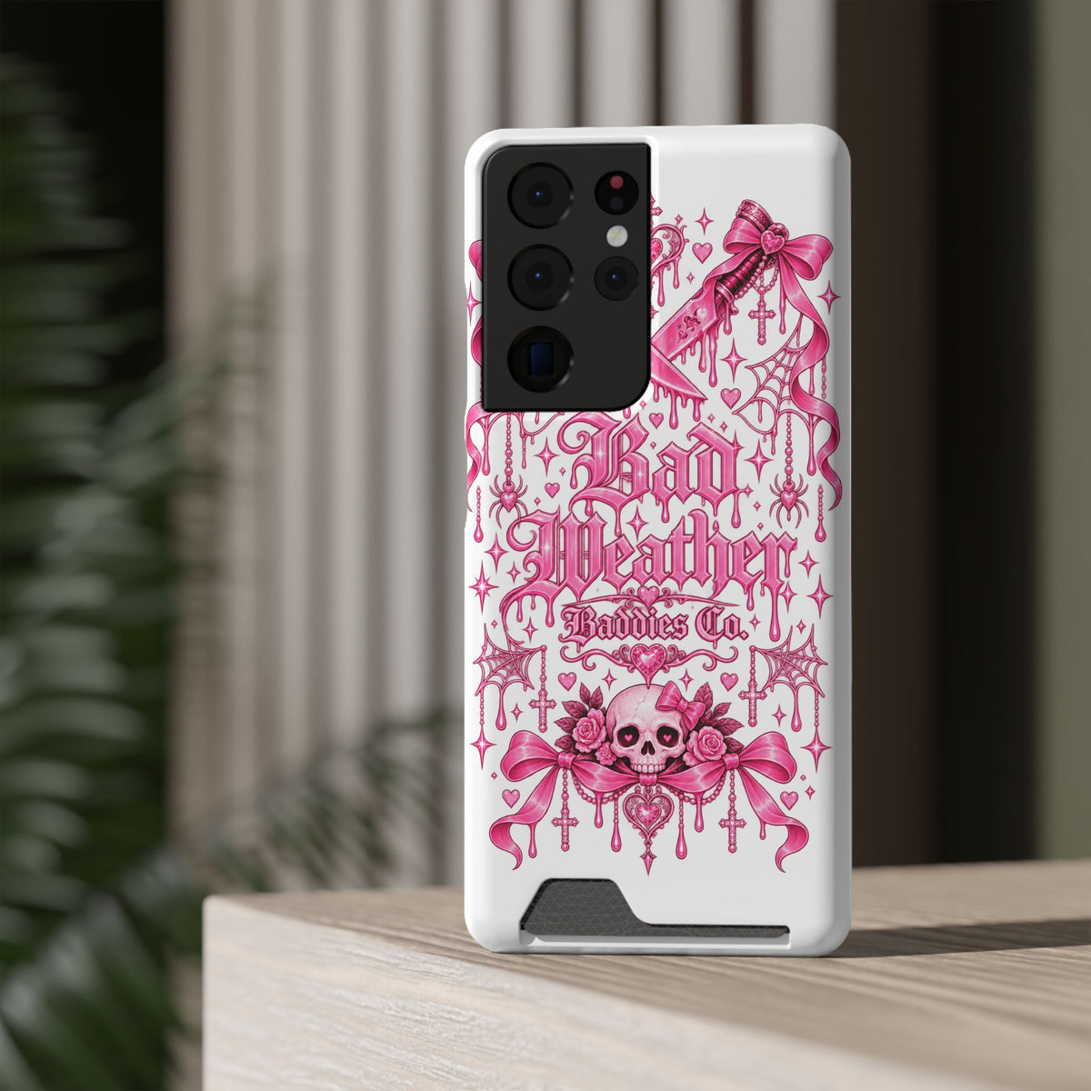 Pink Gothic Coquette Phone Case With Built In Card Holder For Cards