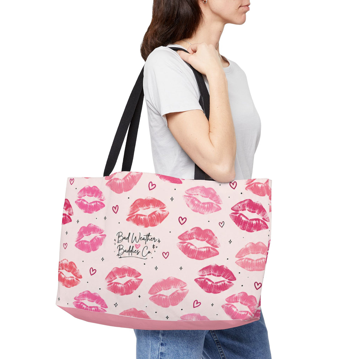 Pink Kiss Print Weekender Tote Bag | Cute Travel Bag | Girly Overnight Weekend Getaway Tote Bag Bad Weather Baddies Co. Weekender Tote Bag