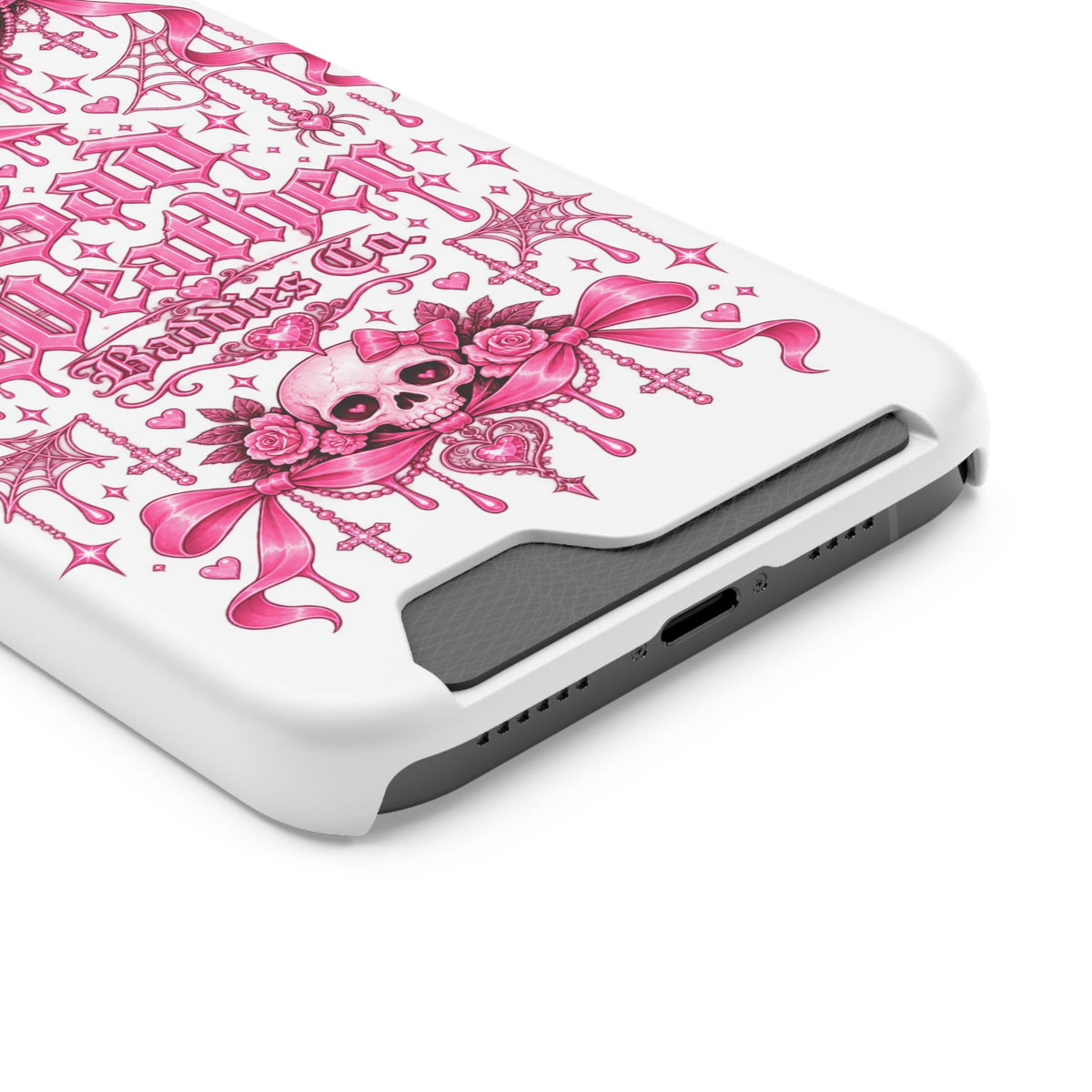Pink Gothic Coquette Phone Case With Built In Card Holder For Cards