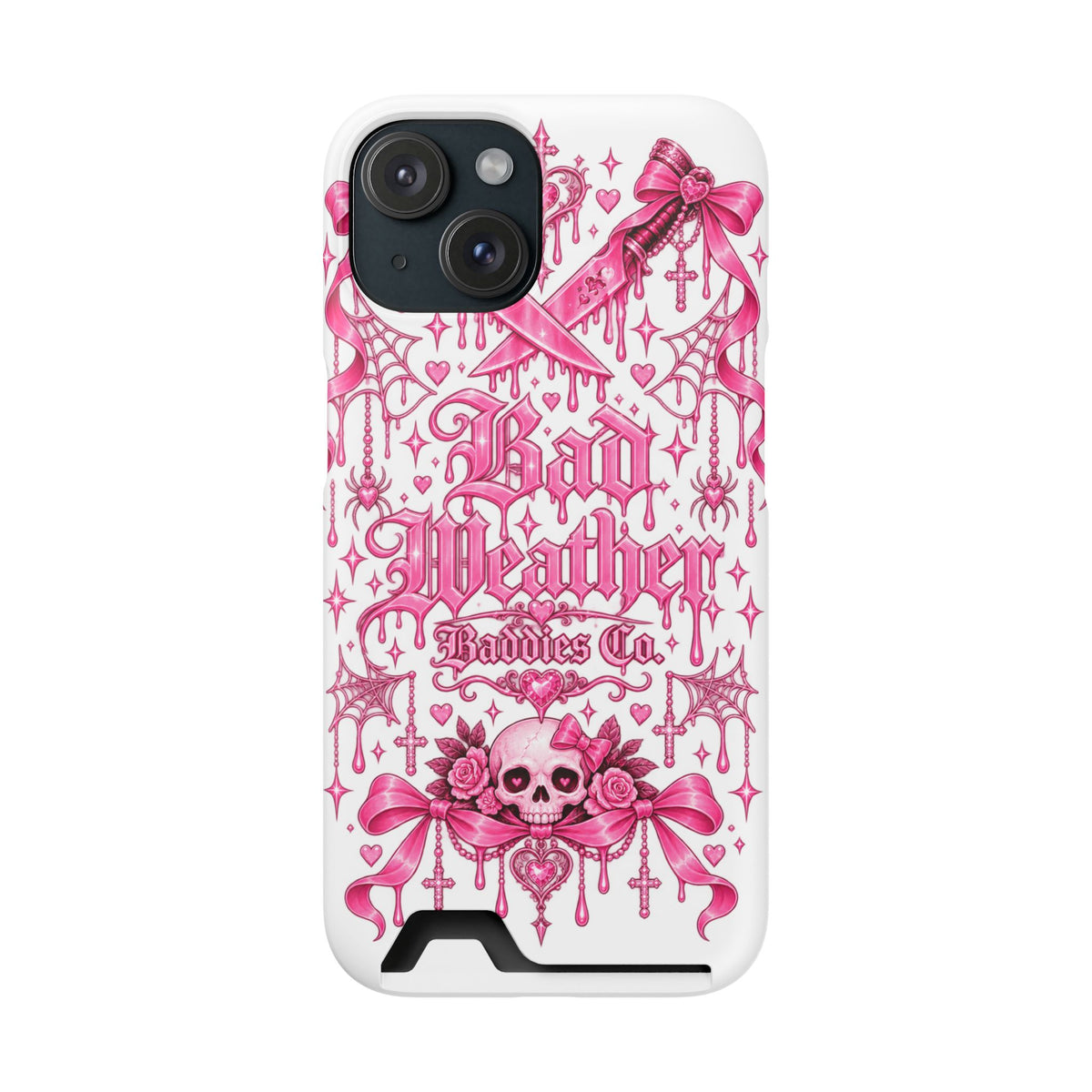 Pink Gothic Coquette Phone Case With Built In Card Holder For Cards