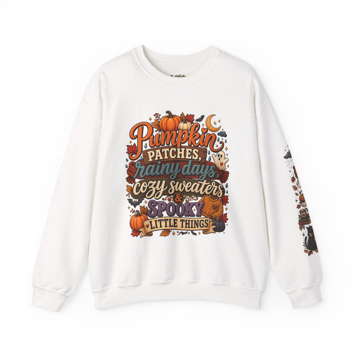 Pumpkin Patches Rainy Days Cozy Sweaters Shirt | Spooky Little Things Fall Tee | Autumn Sleeve Design Sweatshirt | Cute Ghost Fall Shirt