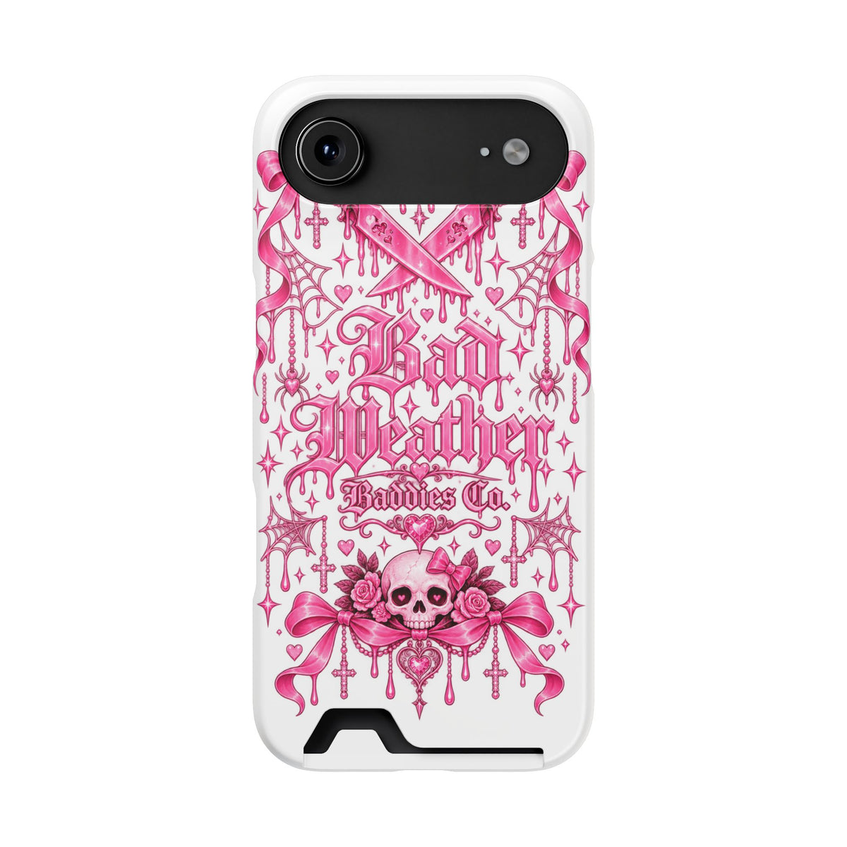 Pink Gothic Coquette Phone Case With Built In Card Holder For Cards