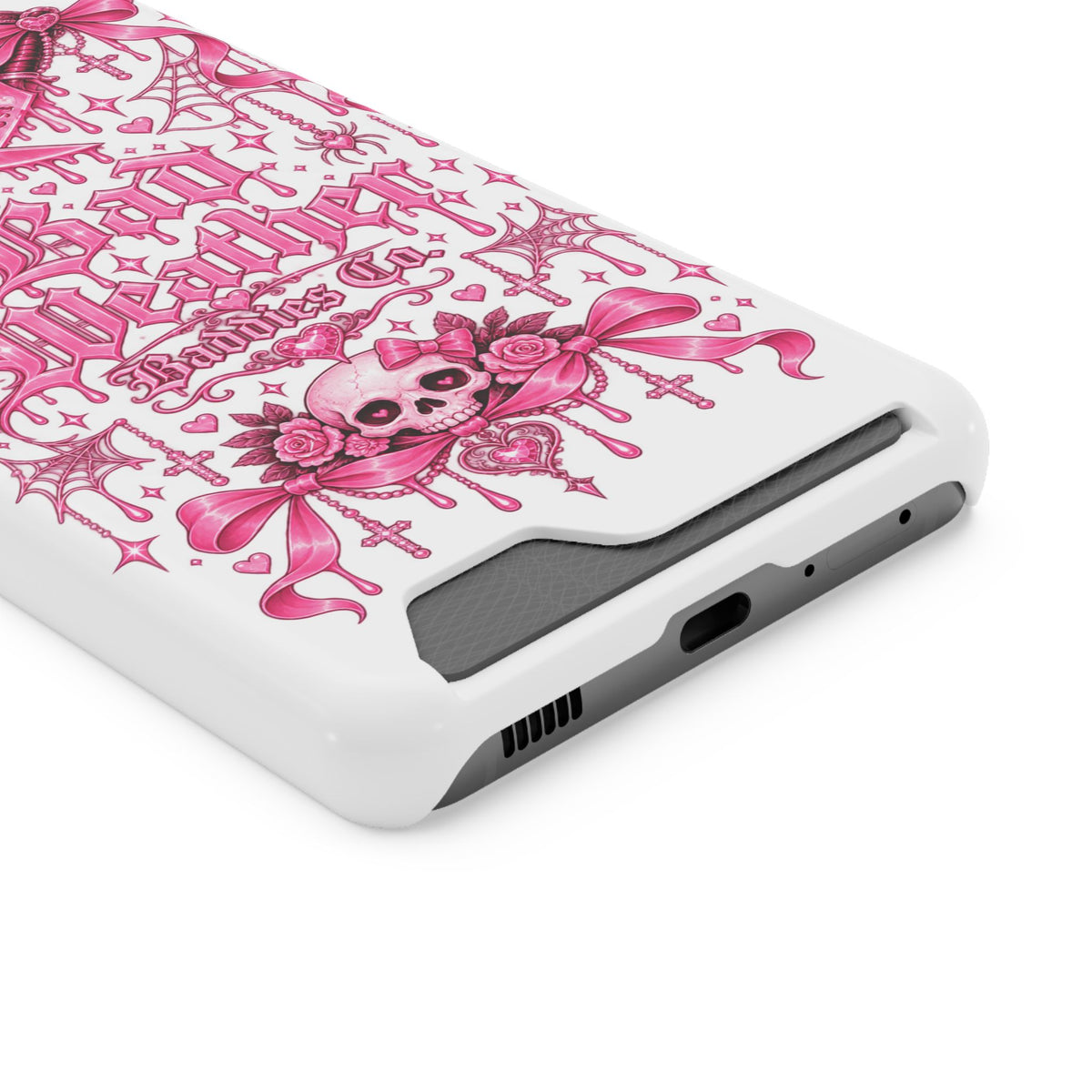 Pink Gothic Coquette Phone Case With Built In Card Holder For Cards