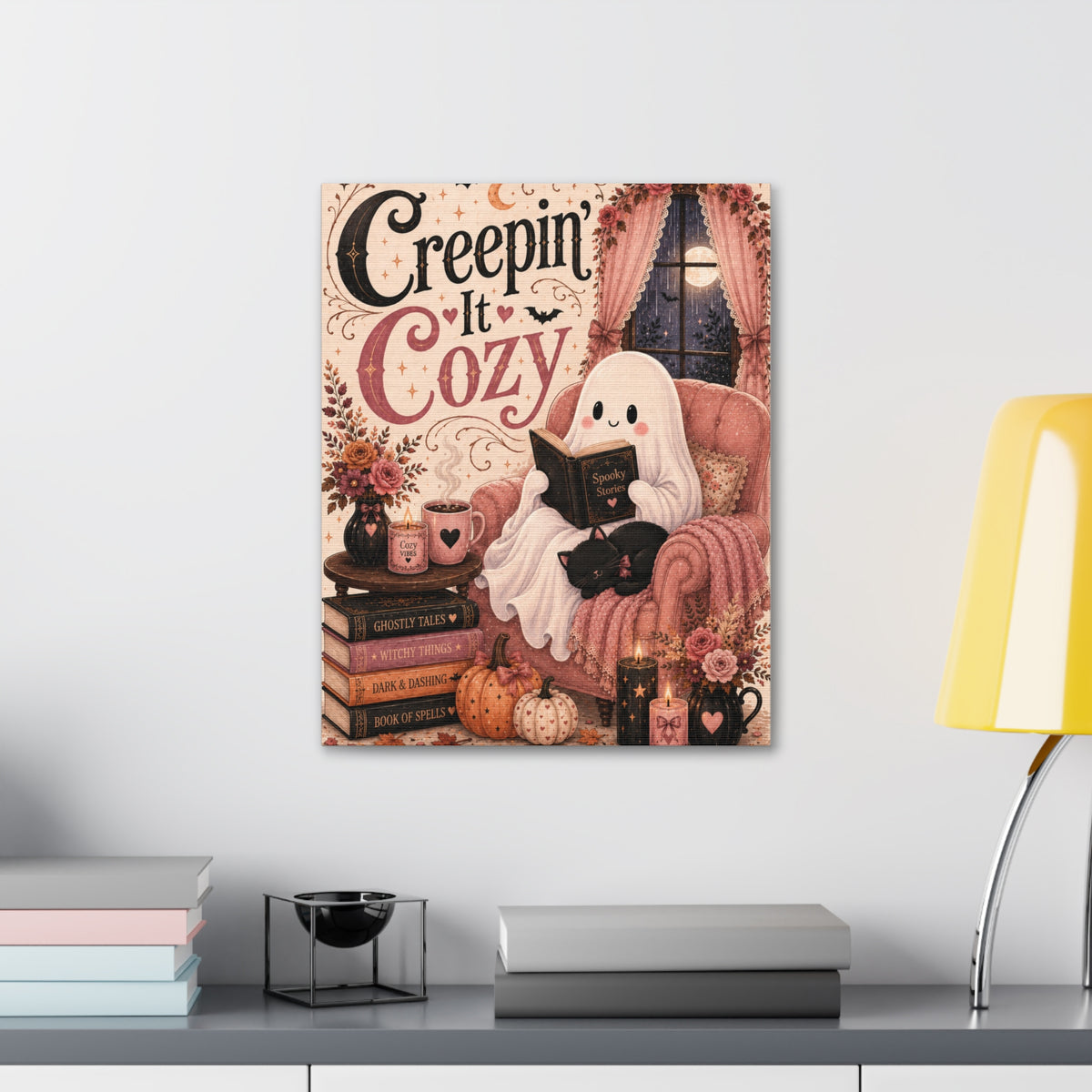 Creepin’ It Cozy Halloween Canvas | Cute Ghost Reading Nook Wall Art Canvas Stretched, 1.5''