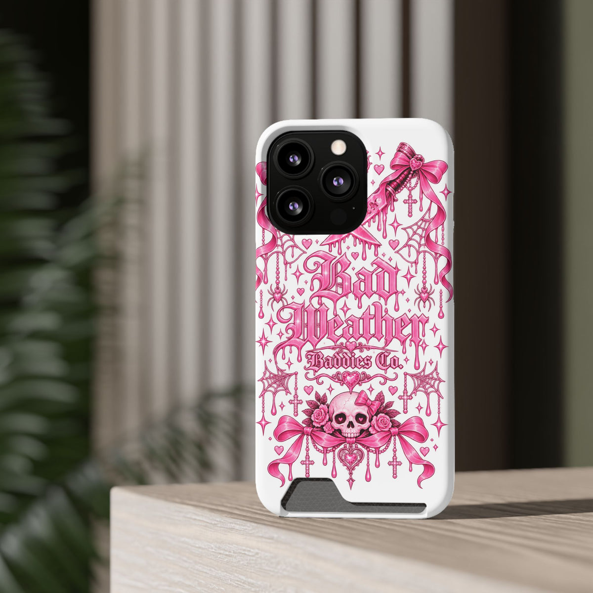 Pink Gothic Coquette Phone Case With Built In Card Holder For Cards