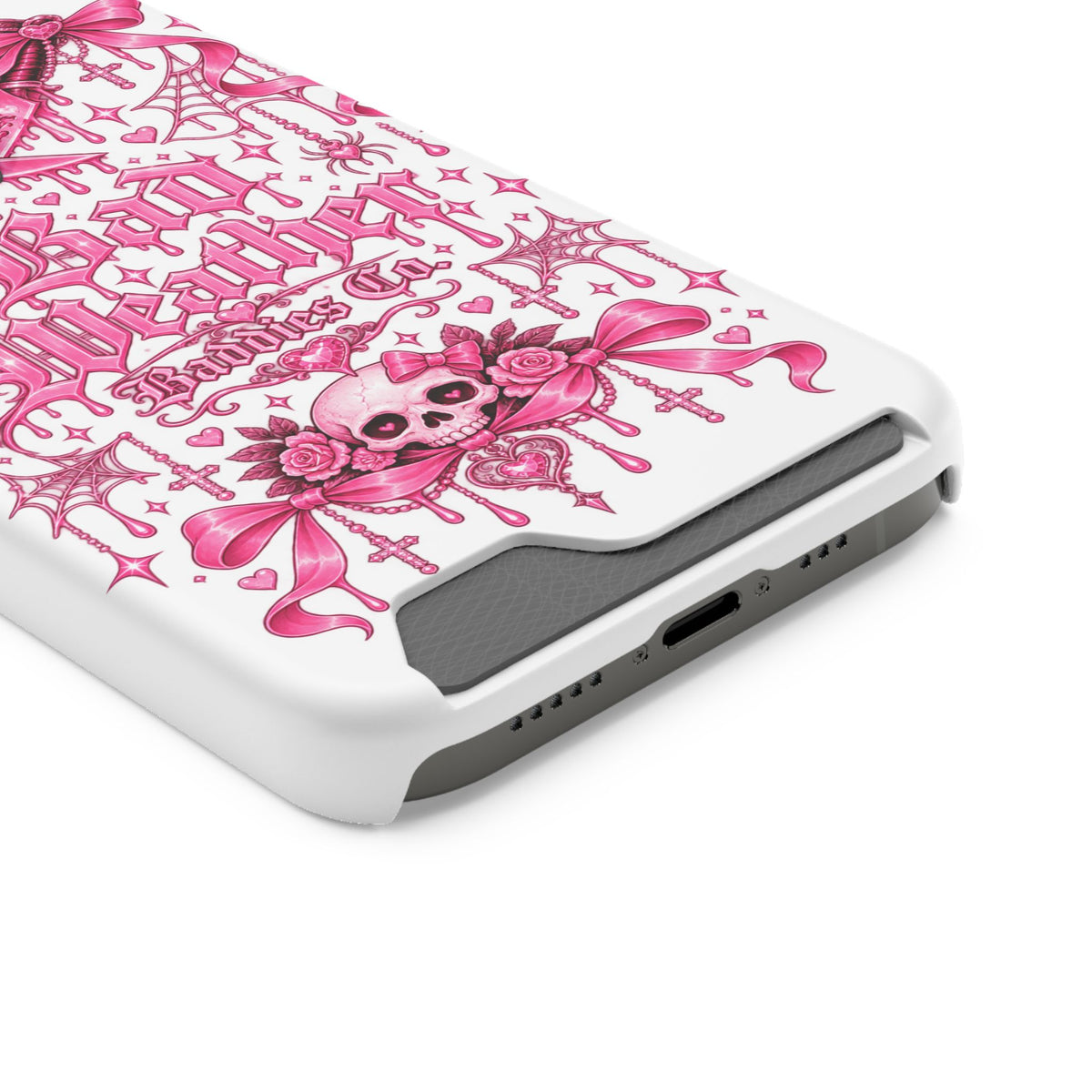 Pink Gothic Coquette Phone Case With Built In Card Holder For Cards