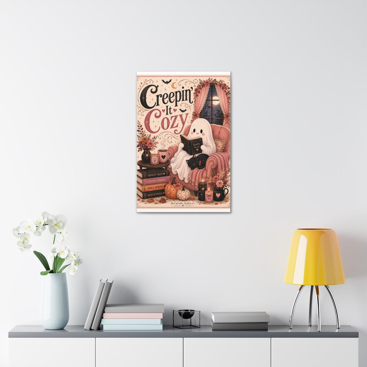 Creepin’ It Cozy Halloween Canvas | Cute Ghost Reading Nook Wall Art Canvas Stretched, 1.5''