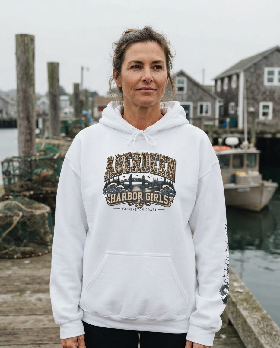 Aberdeen Harbor Girls hoodie on an overcast Pacific Northwest harbor day