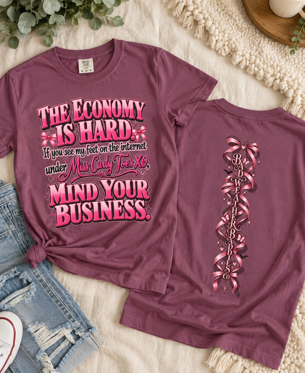 The Economy Is Hard coquette tee front and back lifestyle mockup 3