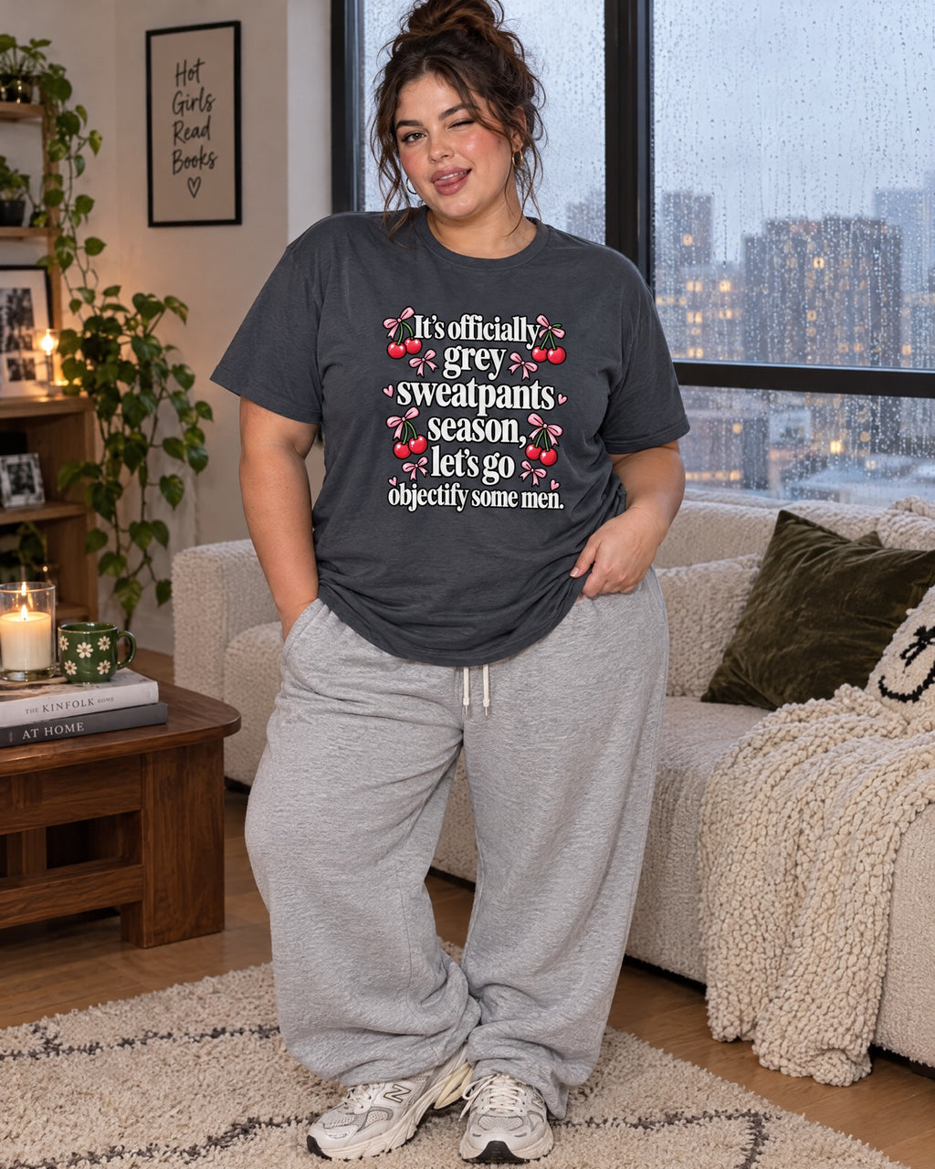 Grey Sweatpants Season boyfriend tee cozy indoor lifestyle mockup