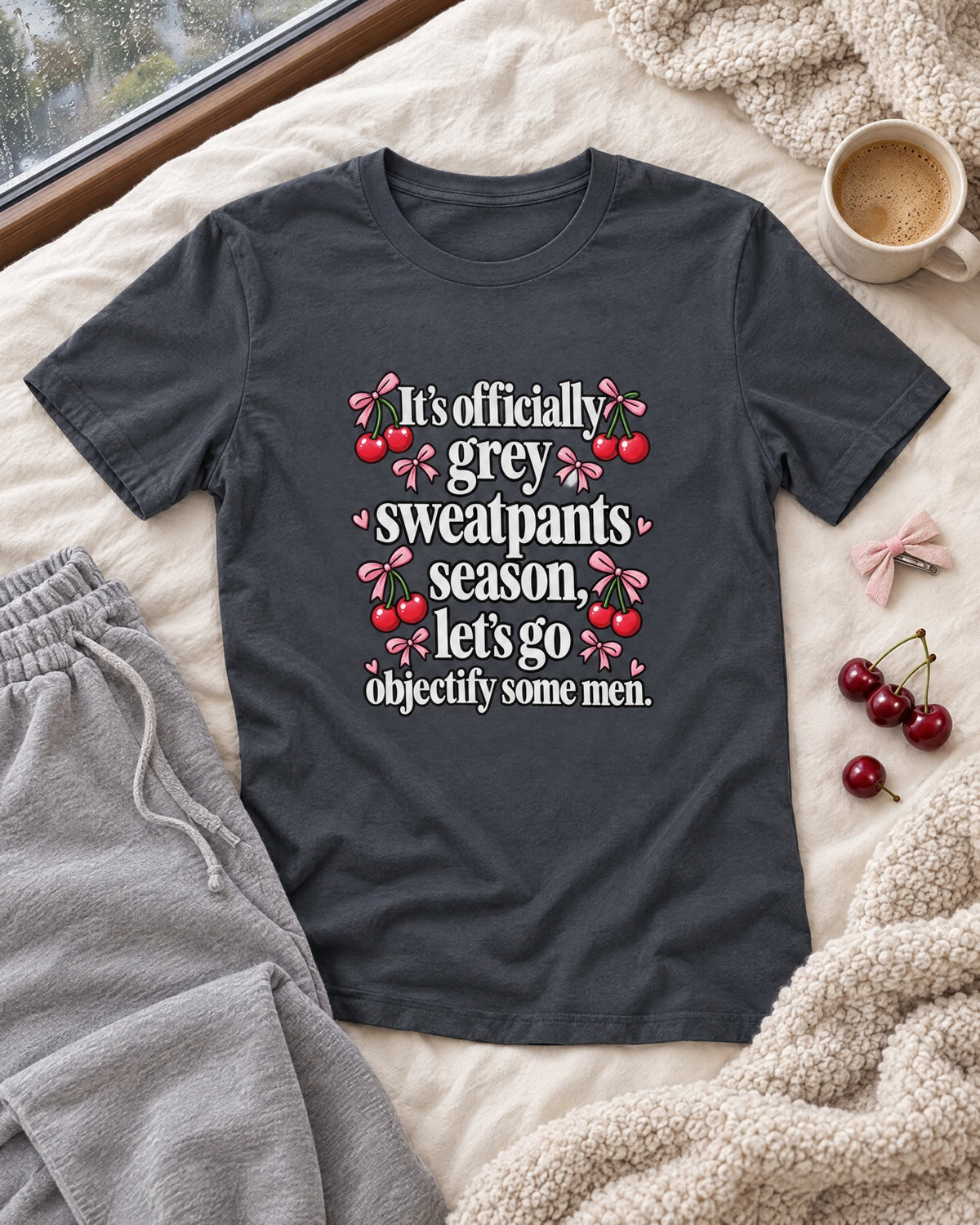 Grey Sweatpants Season boyfriend tee flat lay with grey sweatpants and cherries