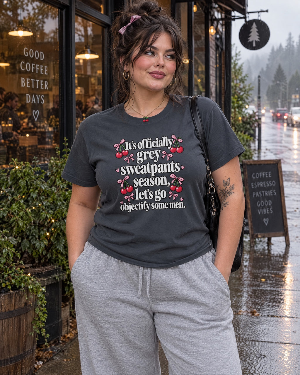 Grey Sweatpants Season boyfriend tee lifestyle mockup outside a rainy coffee shop