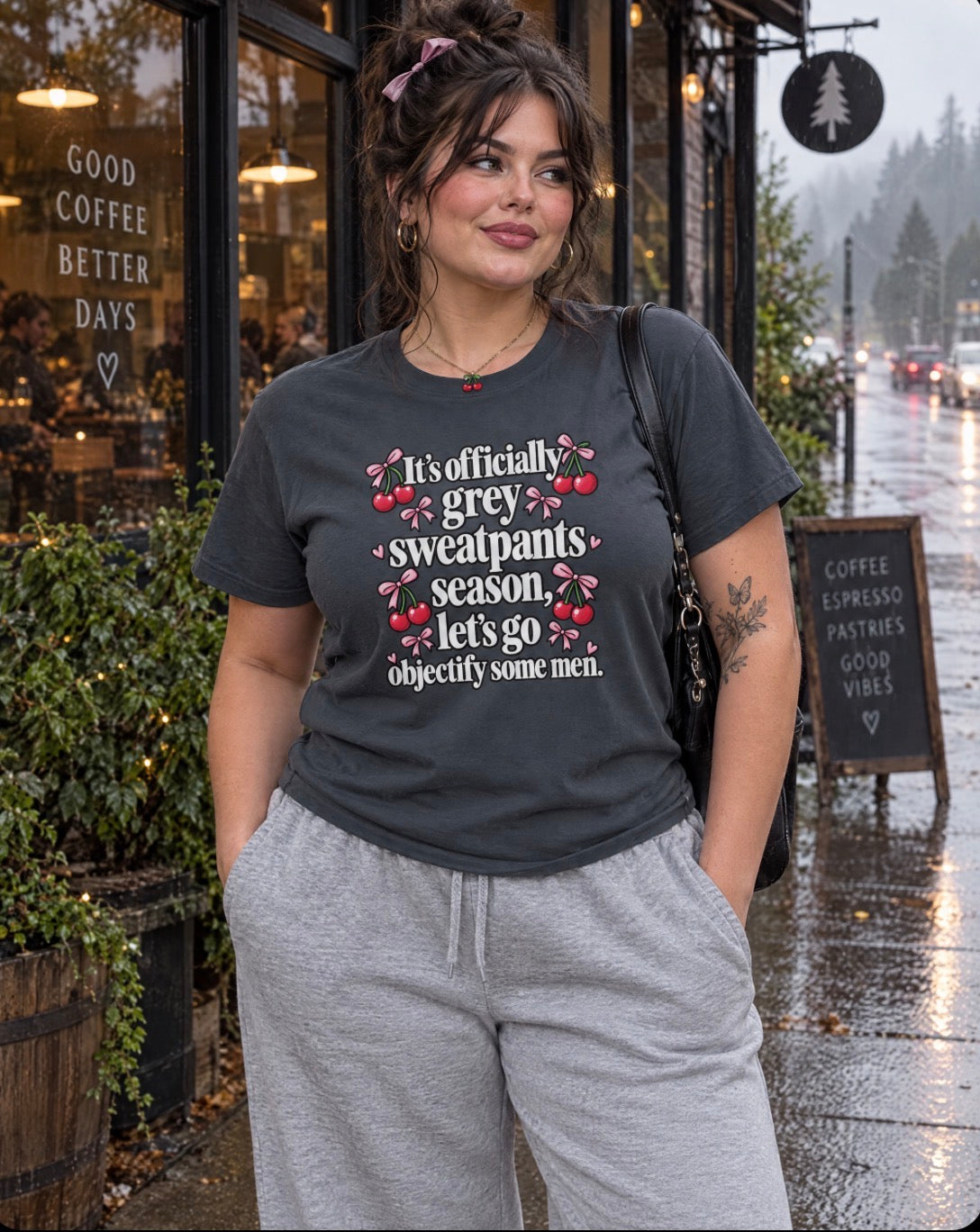 Grey Sweatpants Season boyfriend tee rainy PNW lifestyle mockup