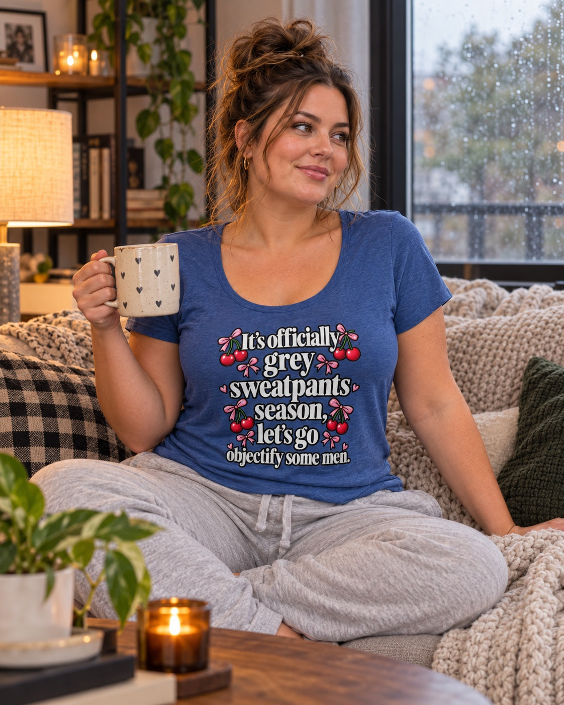 Grey Sweatpants Season blue scoop neck tee cozy seated lifestyle mockup