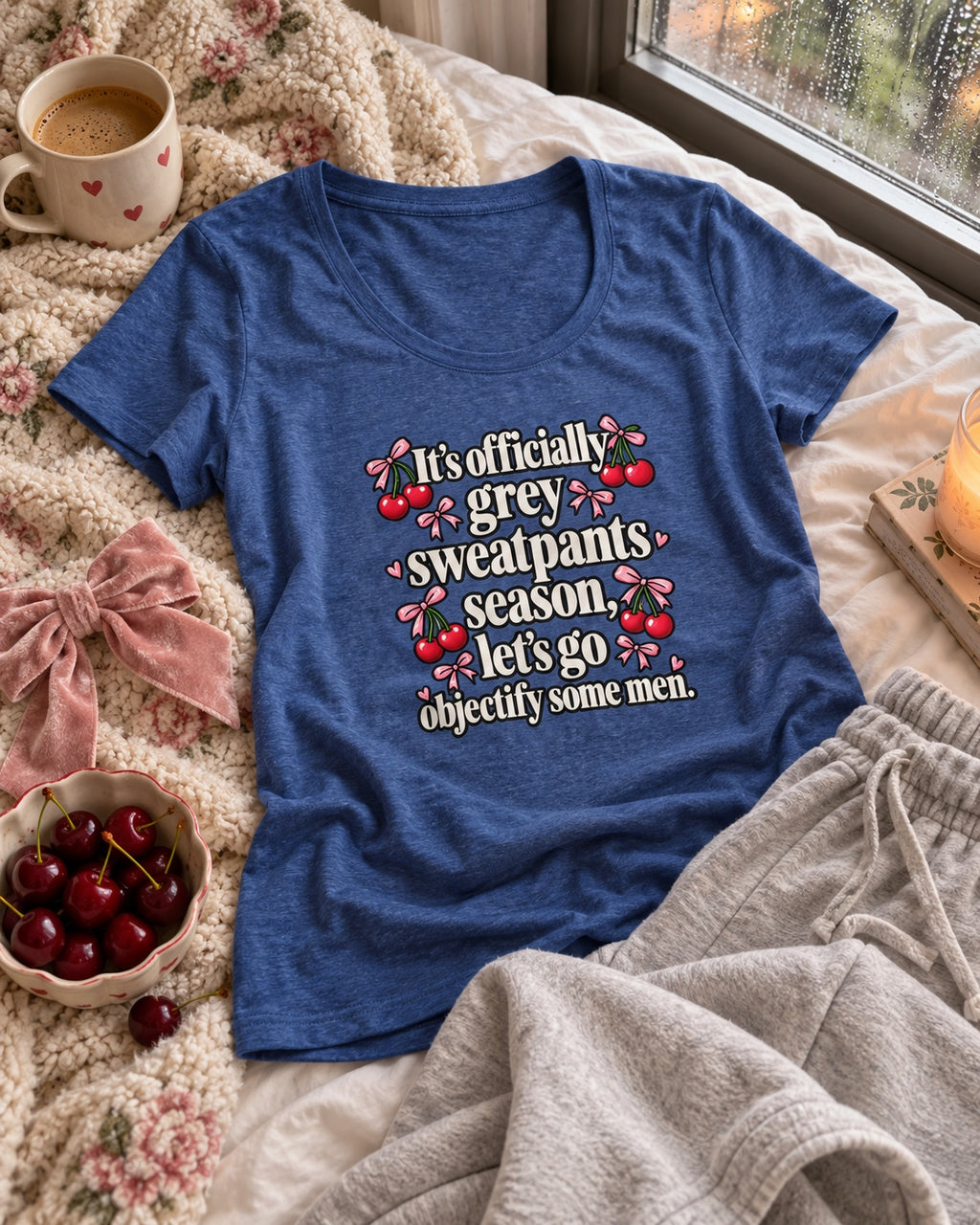 Grey Sweatpants Season blue scoop neck tee natural cozy flat lay