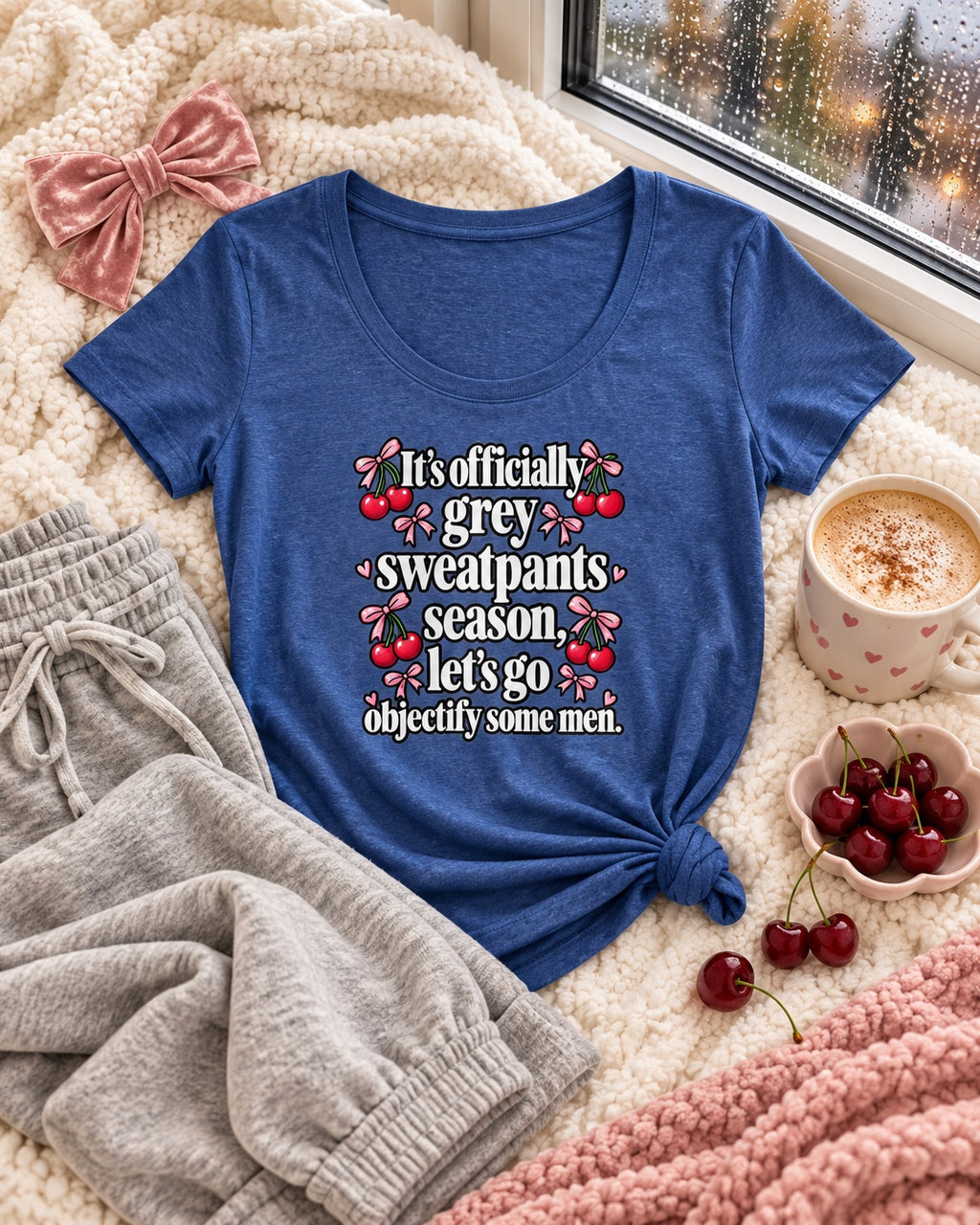 Grey Sweatpants Season scoop neck tee styled flat lay with grey sweatpants and cherries