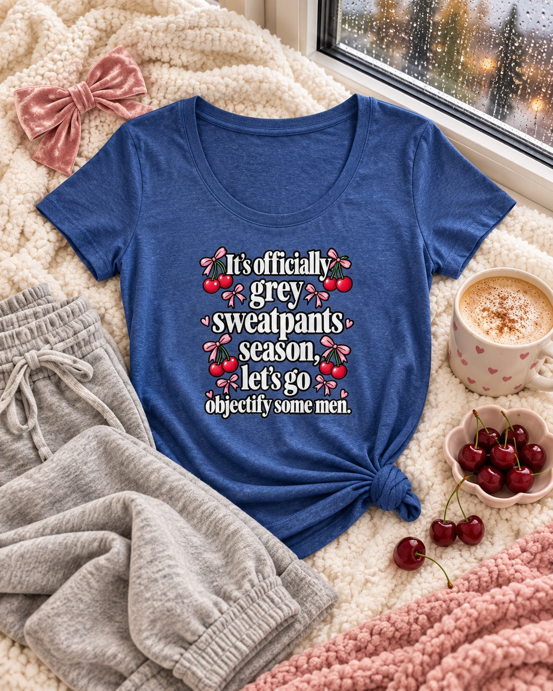 Grey Sweatpants Season scoop neck tee styled flat lay with grey sweatpants and cherries