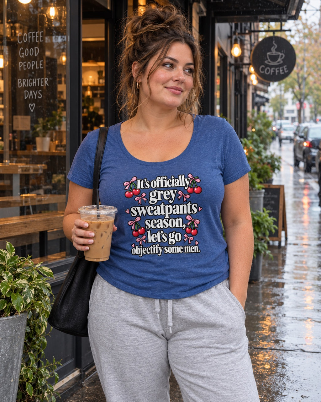 Grey Sweatpants Season blue scoop neck tee natural rainy coffee shop lifestyle mockup