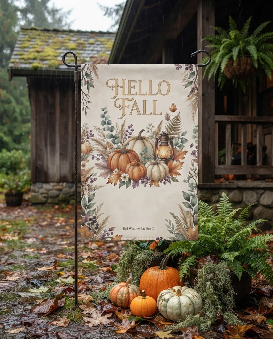 Hello Fall garden flag on a cozy rainy Pacific Northwest autumn porch