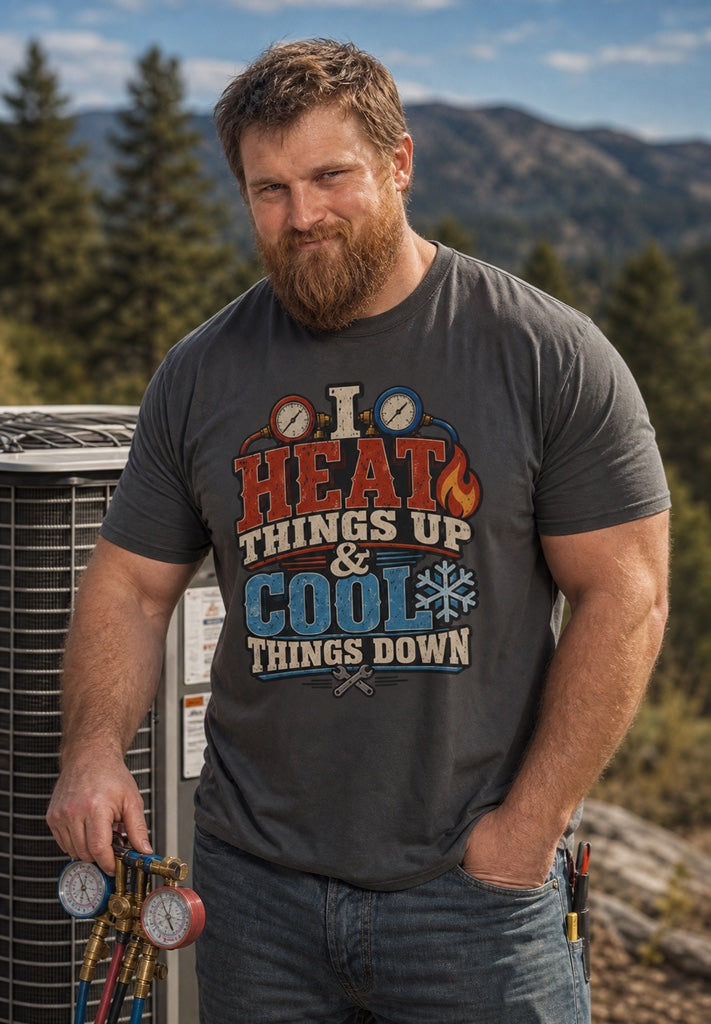 Bearded HVAC technician wearing I Heat Things Up and Cool Things Down shirt beside an outdoor HVAC unit