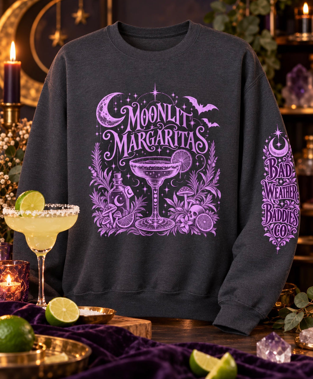 Moonlit Margaritas crewneck sweatshirt styled in a witchy cocktail setting