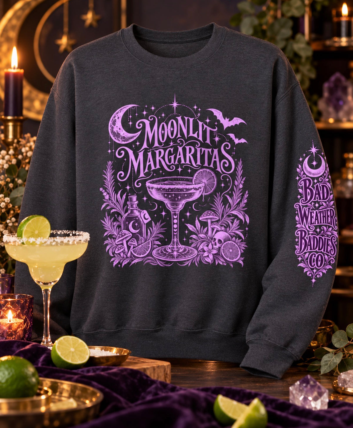Moonlit Margaritas crewneck sweatshirt styled in a witchy cocktail setting