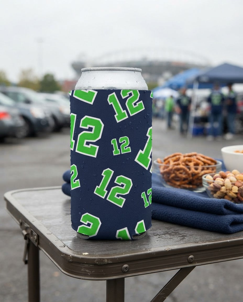 Navy and bright green number 12 can cooler in a Pacific Northwest tailgate setting