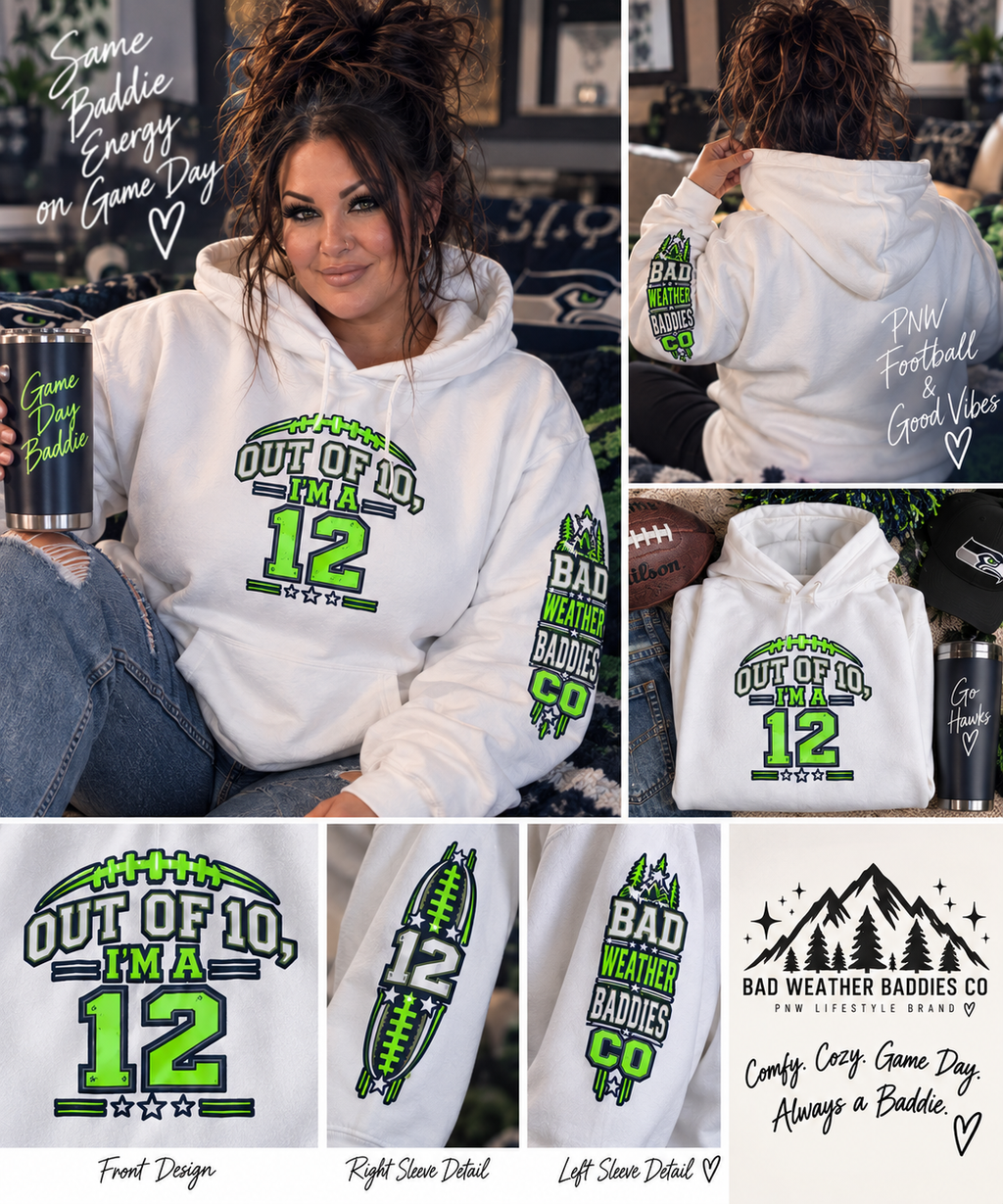 Out of 10 I'm a 12 football game day hoodie lifestyle mockup