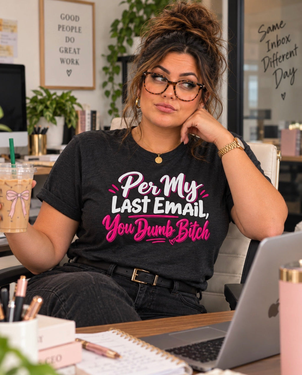 black tee office desk mockup