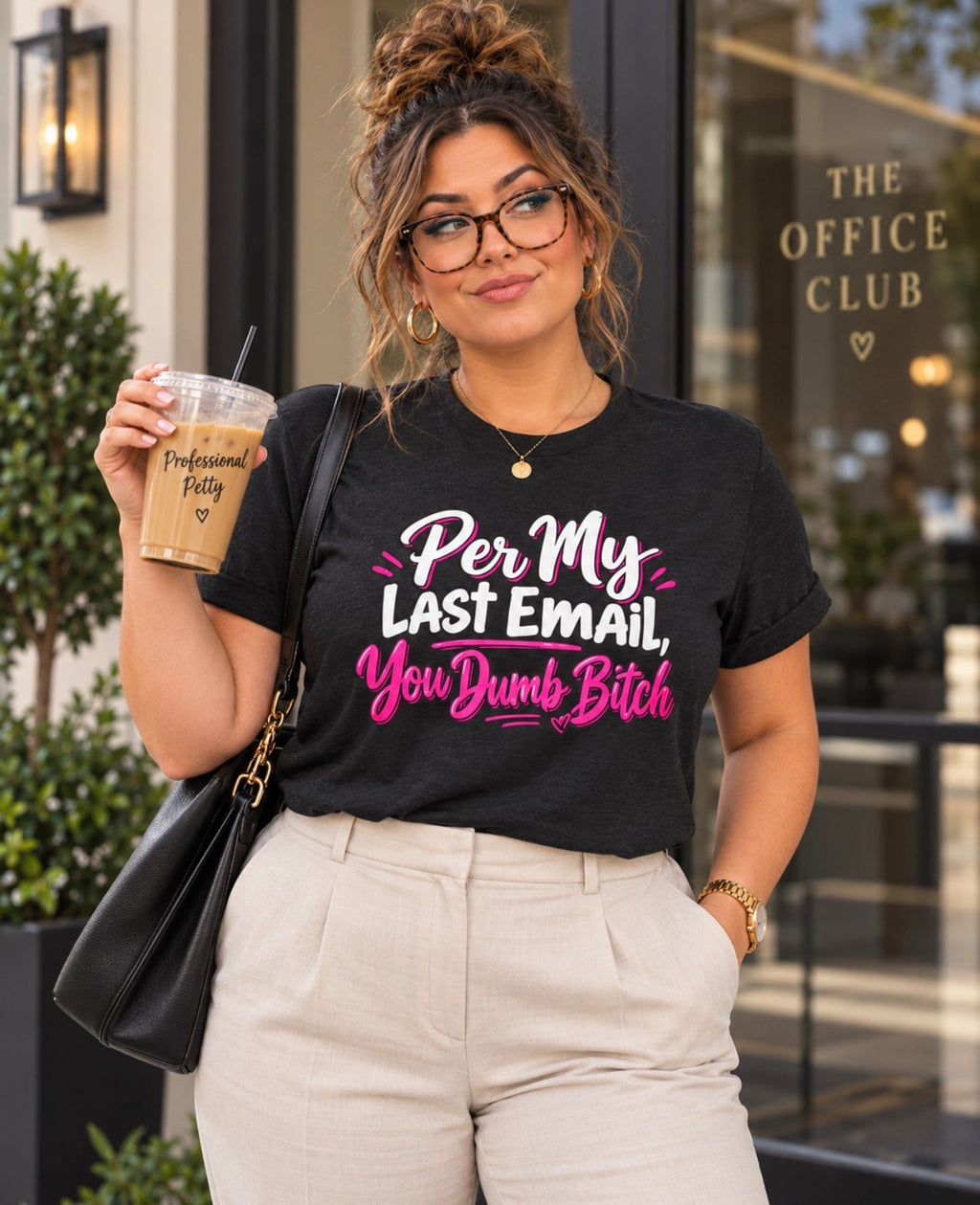 black tee office casual outfit with iced coffee