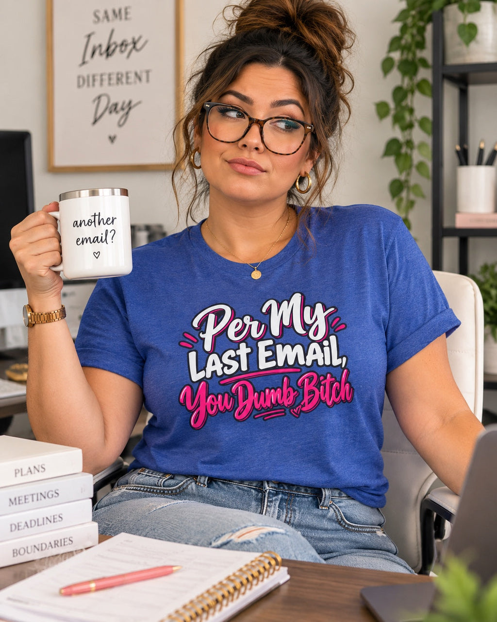 blue tee office model holding another email mug