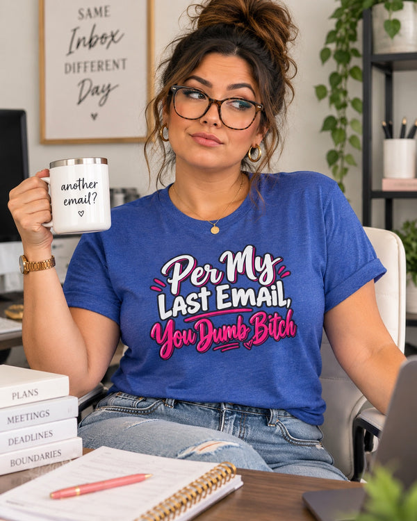 blue tee office model holding another email mug
