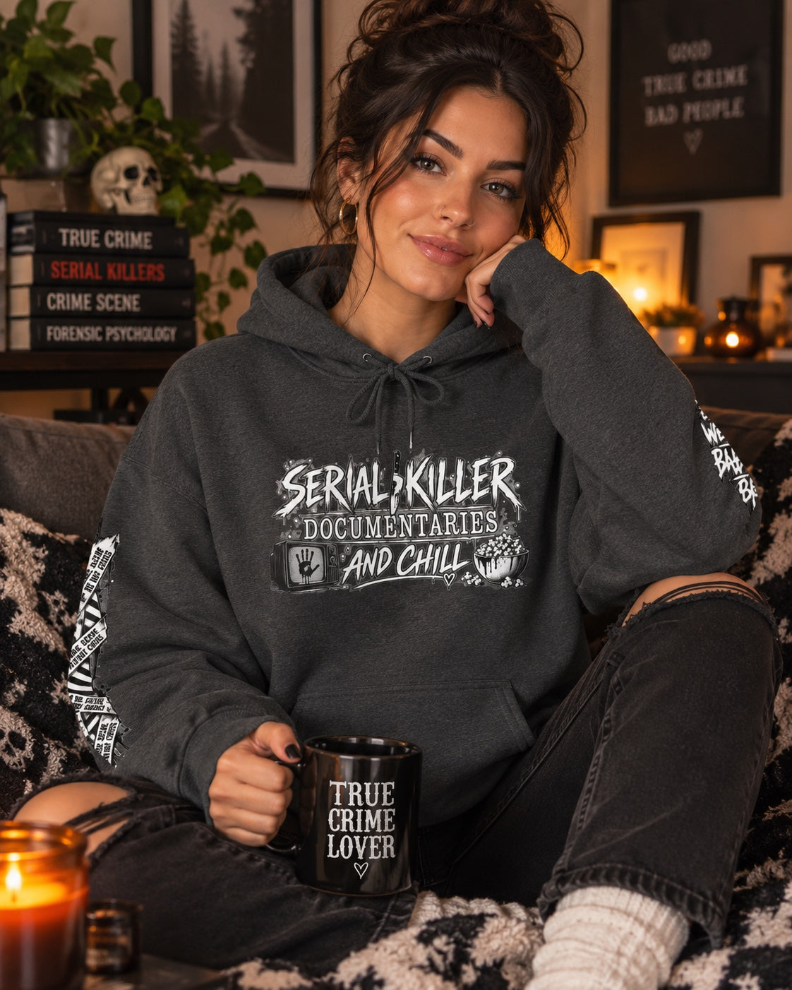 Model wearing the Serial Killer Documentaries and Chill Crime Scene Sleeve Hoodie