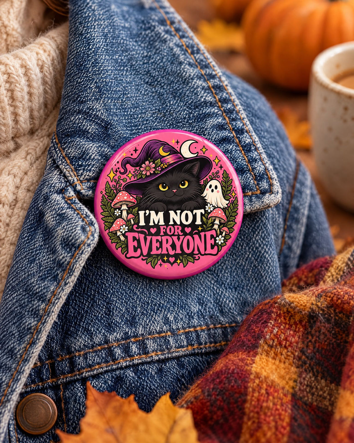 Lifestyle hero mockup for Witchy Black Cat Pin Button 3 Inch.