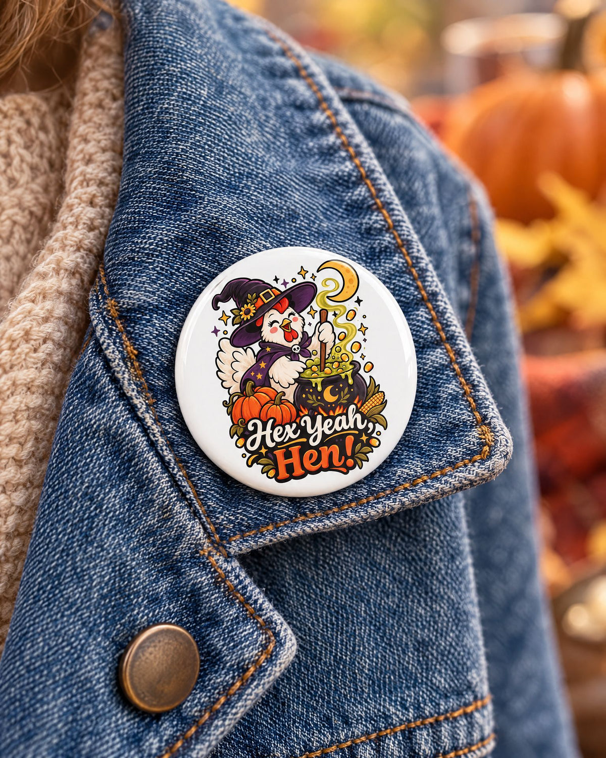 Lifestyle hero mockup for Funny Witch Chicken Halloween Pin Button 3 Inch.