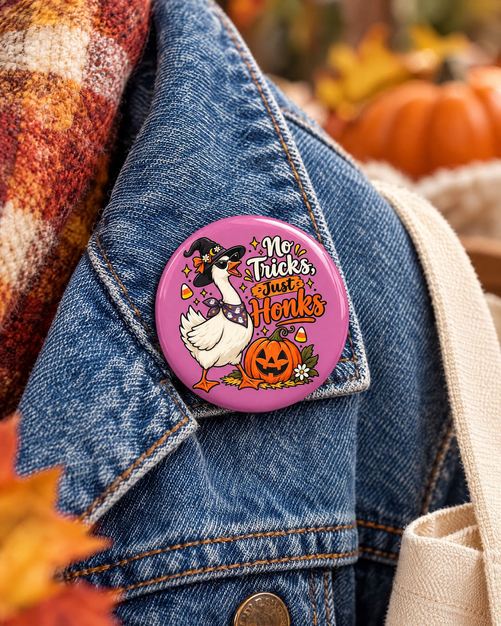 Lifestyle hero mockup for Funny Witch Goose Halloween Pin Button 3 Inch.